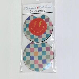 Checkered Lightning Smile Face Car Coasters, Set 2, Multi Color Pastel, Handmade